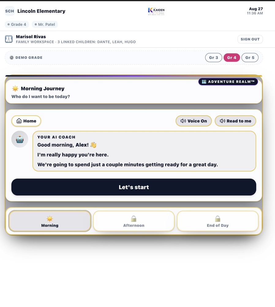BUILD ME AI Coach morning greeting showing Good morning Alex and a day-start prompt