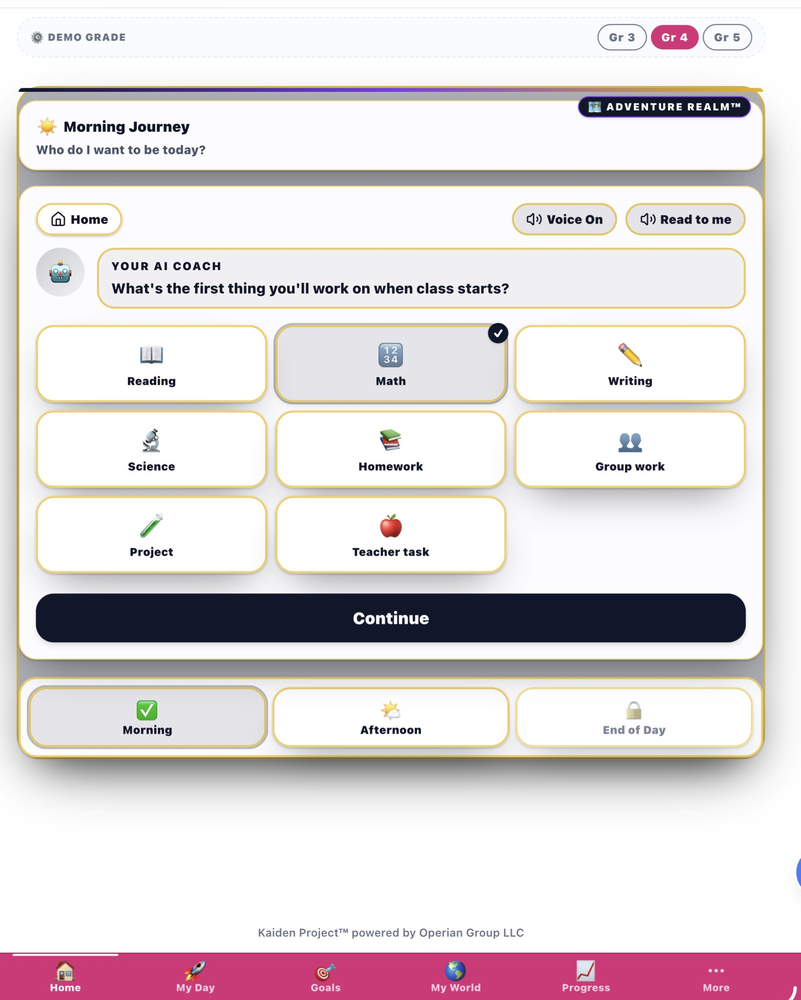 BUILD ME morning first task selection showing Reading Math Writing Science Homework Group Work Project Teacher Task