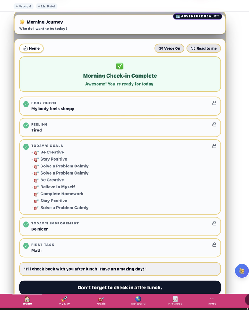 BUILD ME morning complete showing goals set improvement chosen first task Math AI Coach message see you after lunch