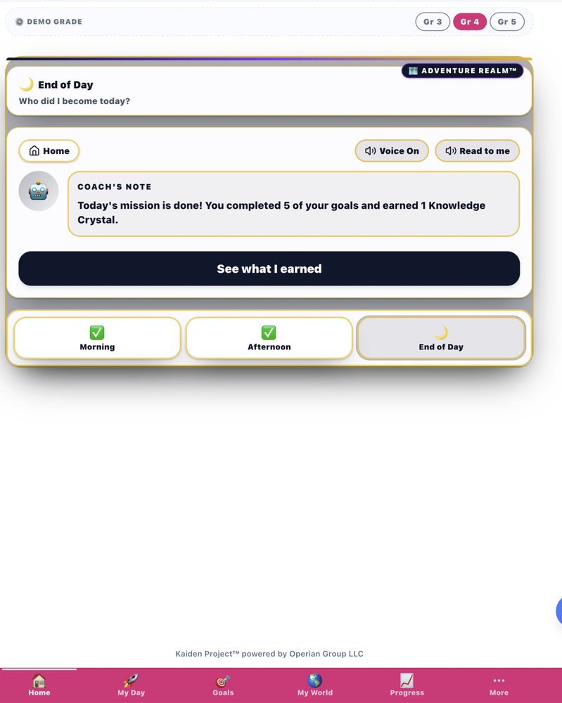 BUILD ME end of day showing today mission done completed 5 goals earned 1 Knowledge Crystal AI Coach note for Alex
