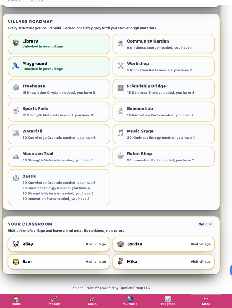 BUILD ME Village Roadmap showing Library and Playground unlocked and other structures including Treehouse Workshop Friendship Bridge Sports Field Science Lab Mountain Trail Robot Shop Music Stage still locked needing materials to build