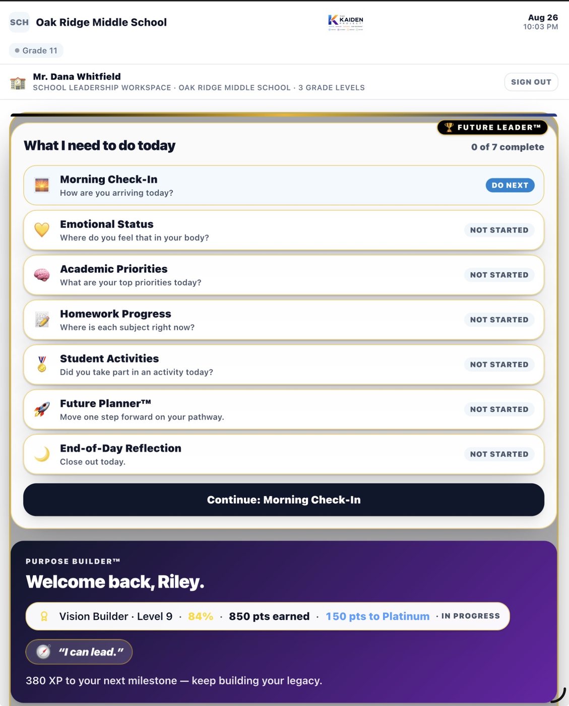 Find Me daily pathway for Grade 7 student Riley showing 0 of 7 steps complete and Purpose Builder Vision Builder Level 9 84 percent 850 points earned 150 to Platinum In Progress