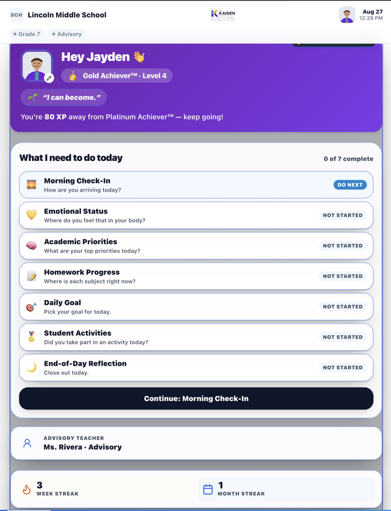 FIND ME student workspace showing 7-step daily pathway: Morning Check-In Emotional Status Academic Priorities Homework Progress Daily Goal Student Activities End-of-Day Reflection at 0 of 7 complete