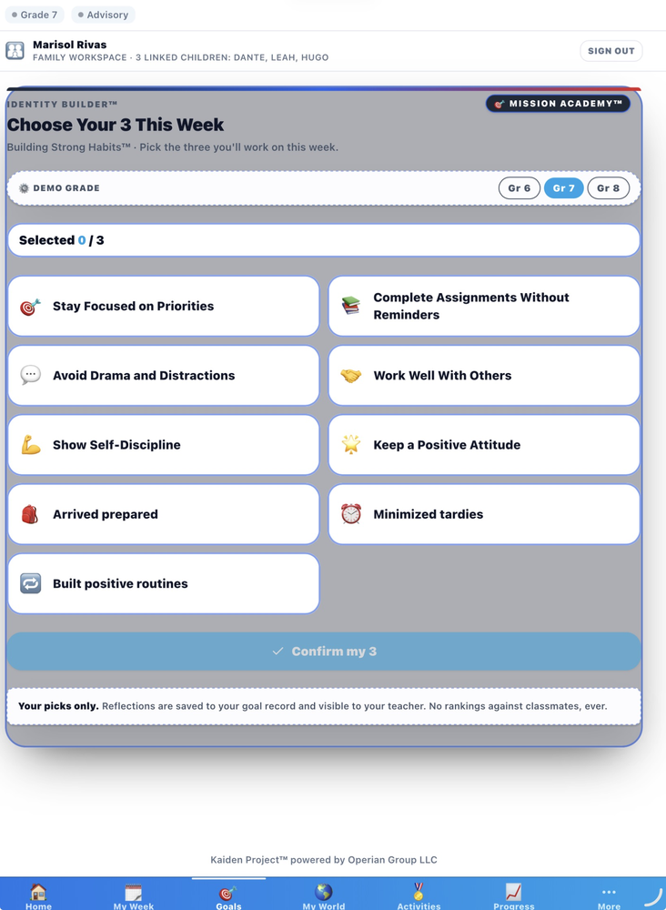 Identity Builder showing weekly habit options: Stay Focused on Priorities Complete Assignments Without Reminders Avoid Drama and Distractions Work Well With Others Show Self-Discipline Keep a Positive Attitude Arrive Prepared Minimize Tardies Build Positive Routines
