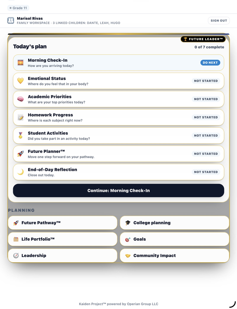 Launch Me student workspace showing 7-step daily pathway: Morning Check-In through Future Planner and End-of-Day Reflection at 0 of 7 complete with Continue Morning Check-In button