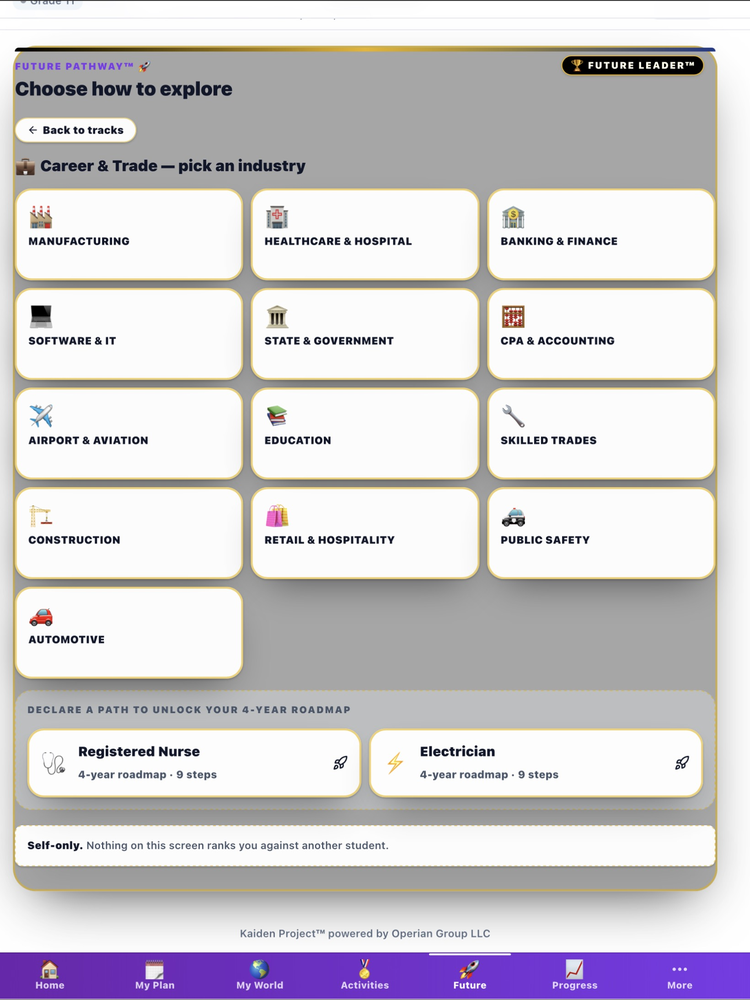 Future Pathway showing industry grid including Manufacturing Healthcare Banking and Finance Software and IT State and Government CPA and Accounting Airport and Aviation Education Skilled Trades Construction Retail and Hospitality Public Safety Automotive