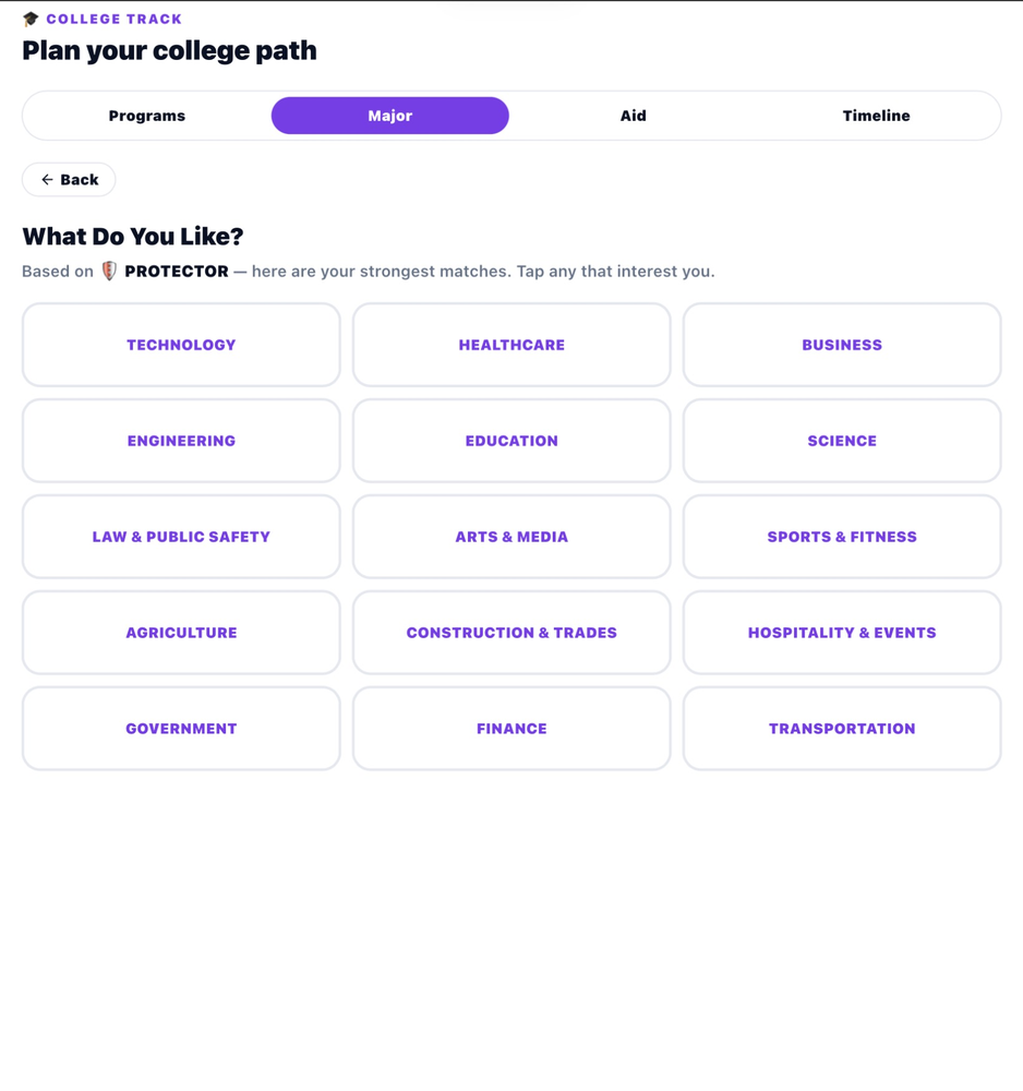 Based on Protector identity showing suggested major areas including Technology Engineering Healthcare Education Business Public Service Criminal Justice