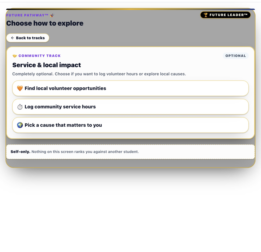 Community Track showing optional local volunteer hours causes and community service organizations student-controlled with no rankings