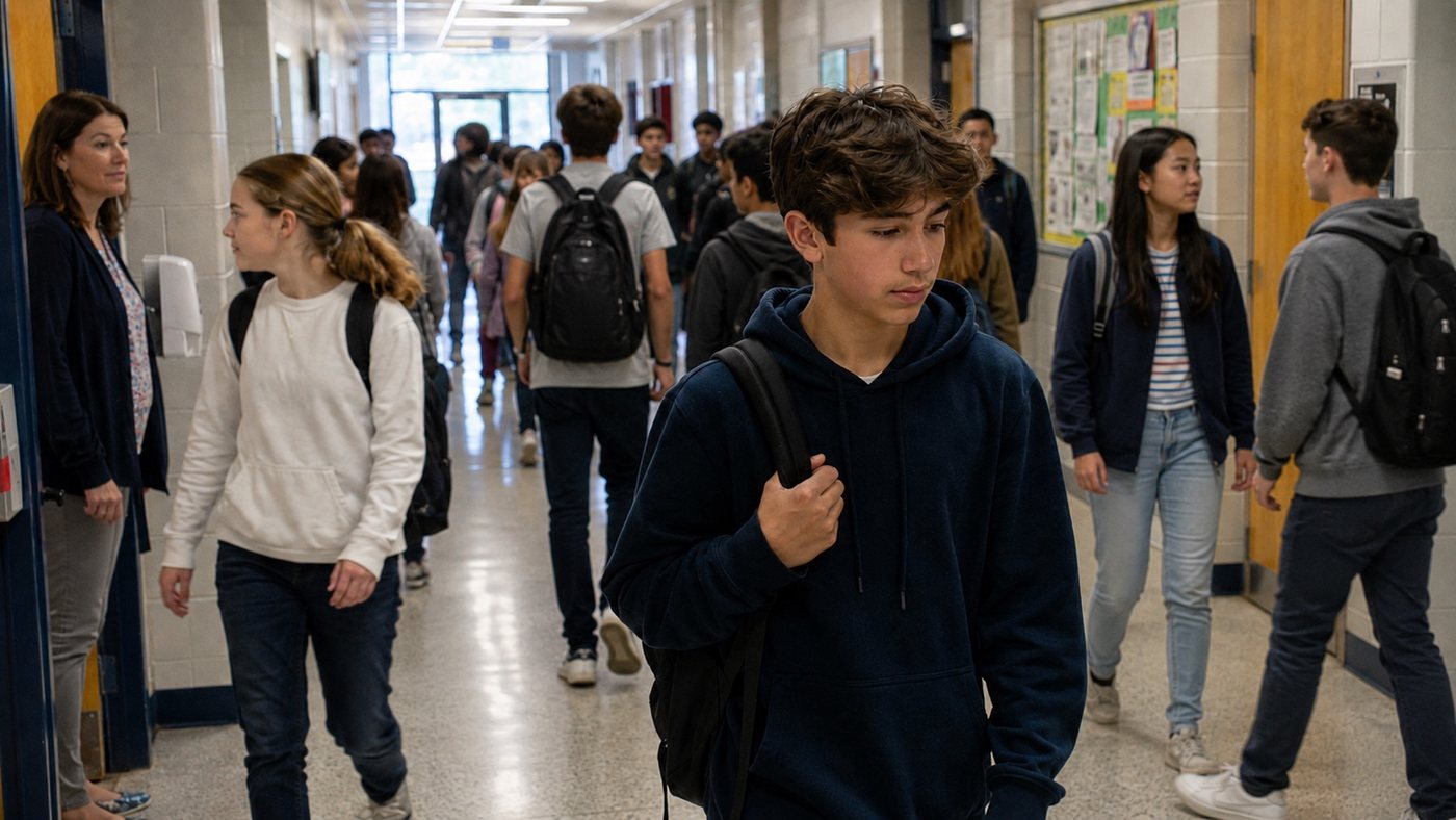 Middle school student walking through a busy school hallway, illustrating the difference between visible behavior and a student's internal experience