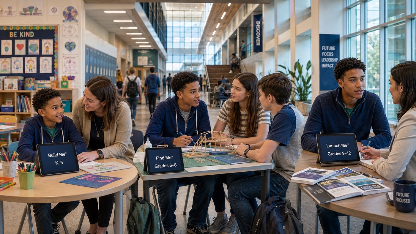 Students and educators demonstrating The Kaiden Project Build Me, Find Me and Launch Me K–12 progression