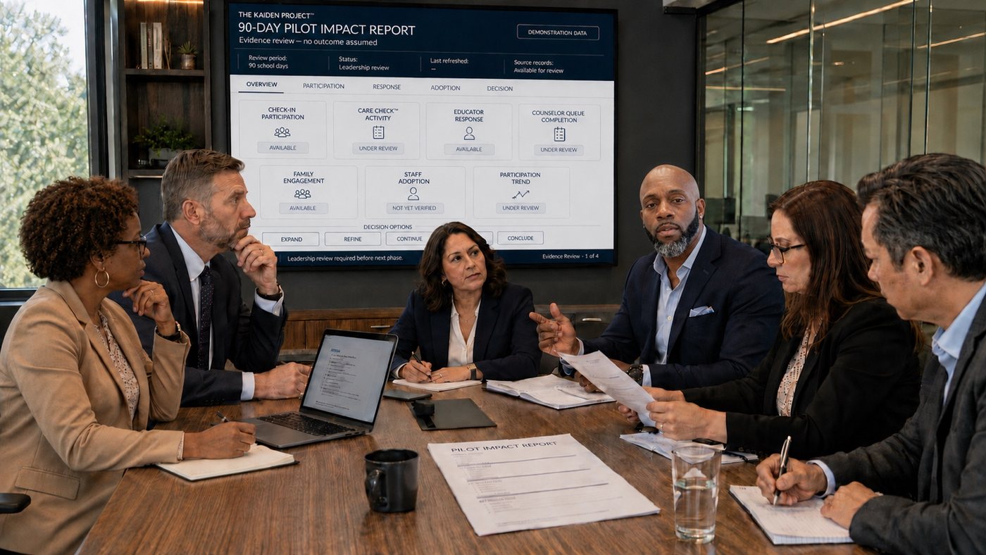 Leadership team reviewing a demonstration Kaiden Project 90-Day Pilot Impact Report with no outcome assumed
