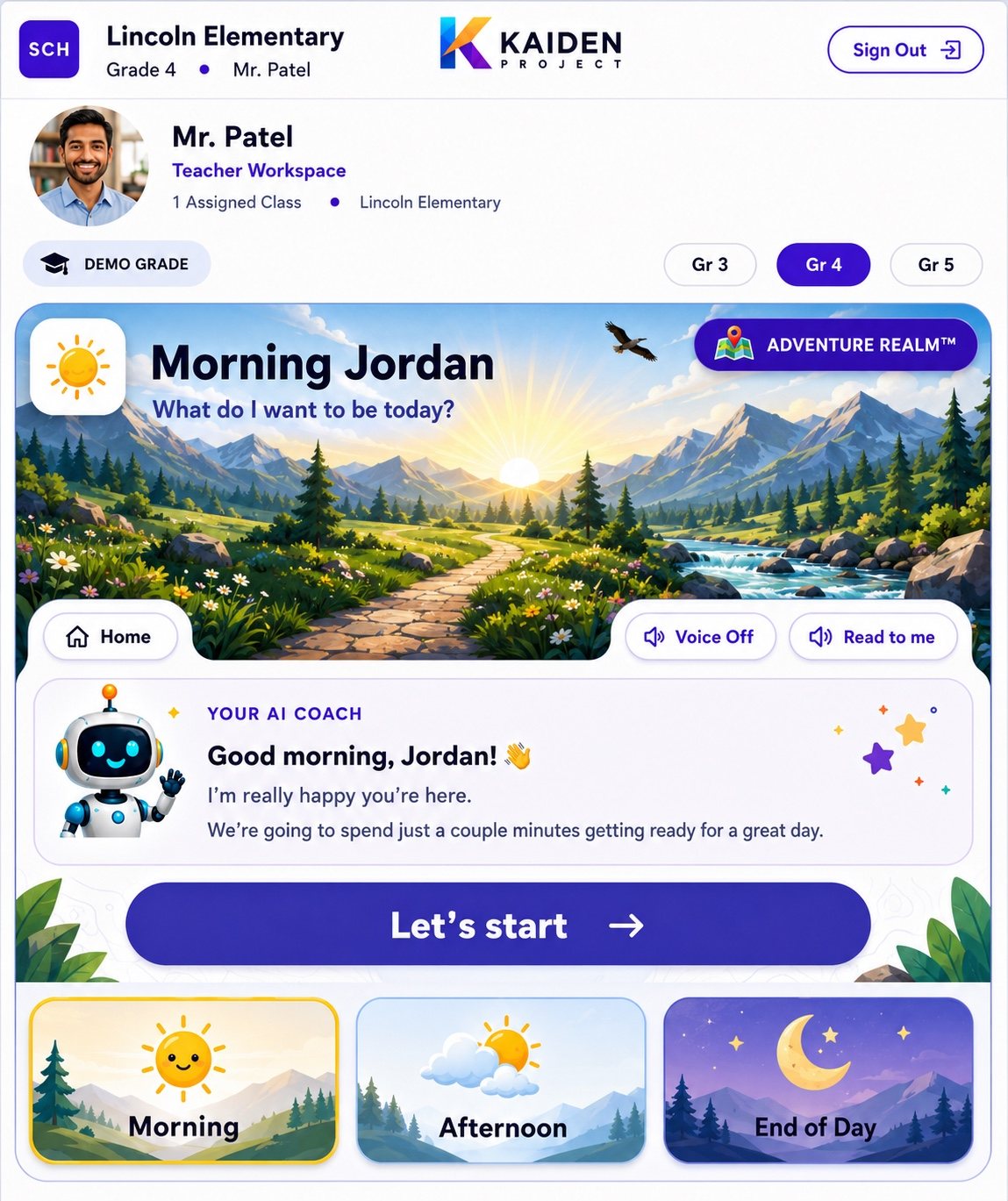 K-5 Morning Welcome — AI Coach greets Jordan. Morning Journey begins.
