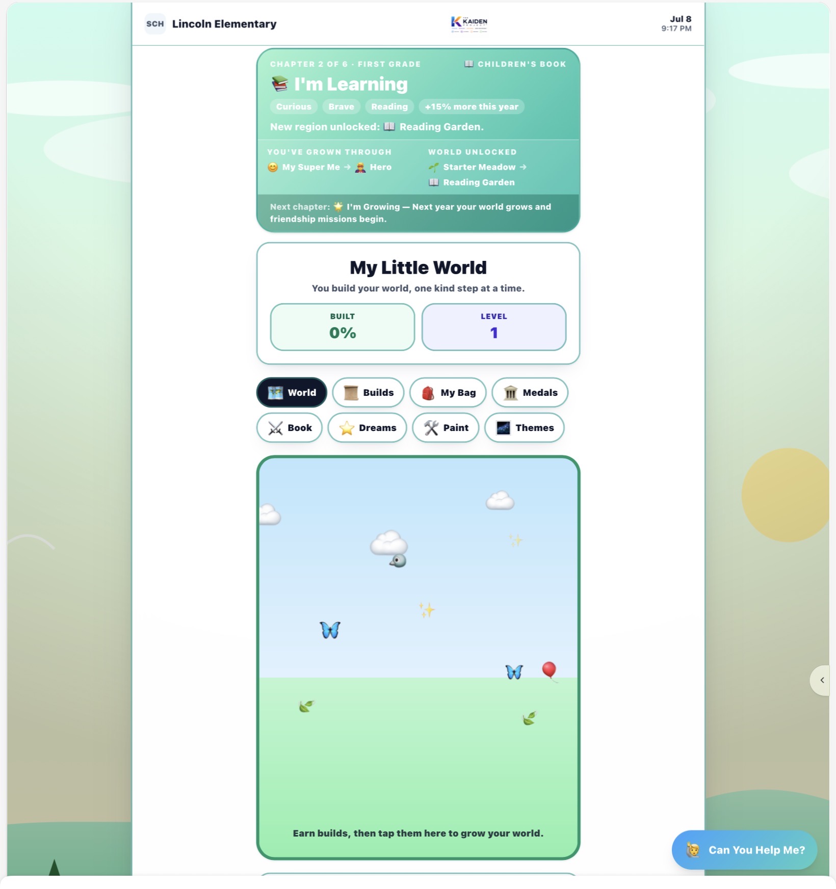 My Little World — student world view with earned builds
