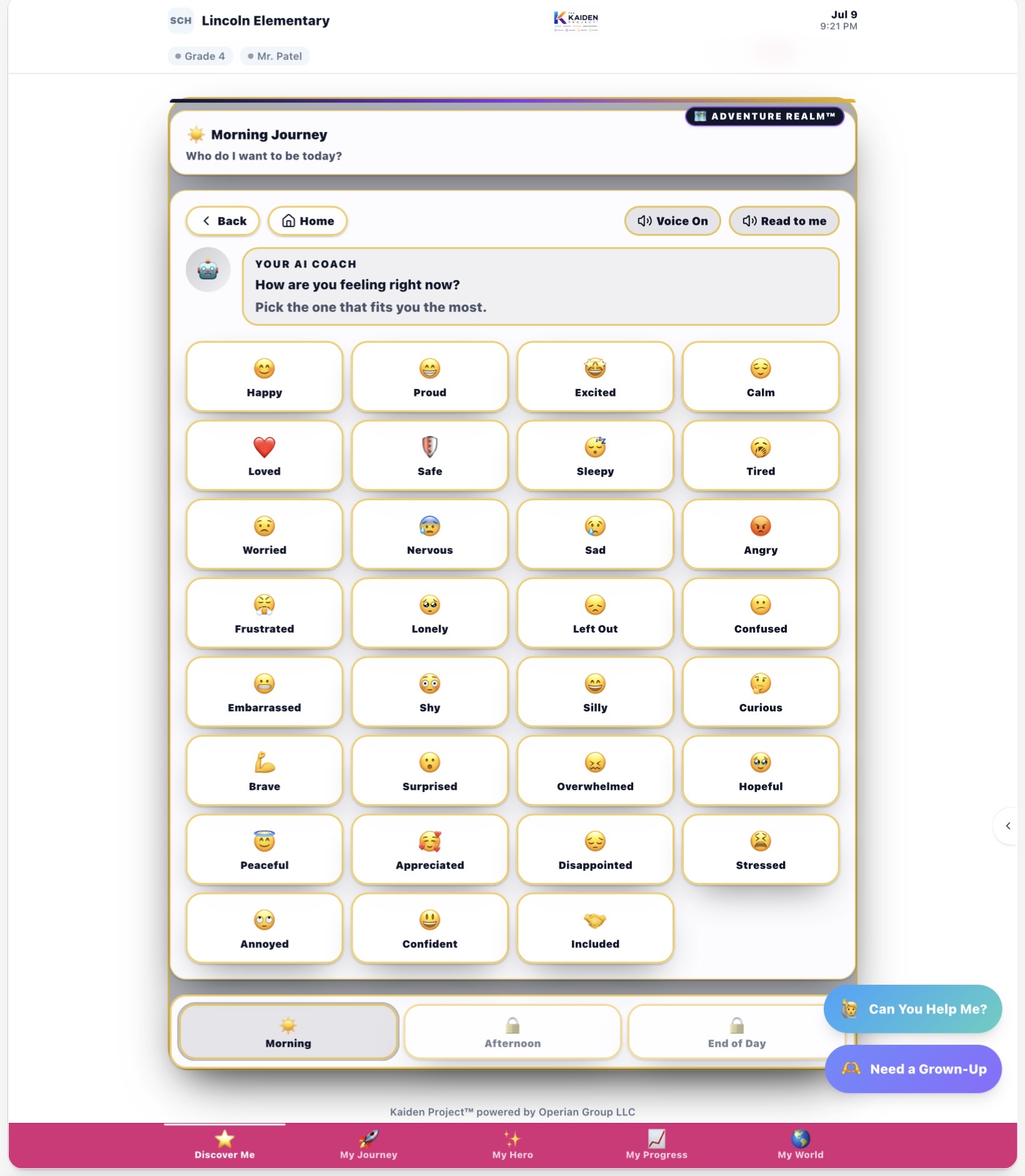 Grade 4 Morning Journey — feeling selection — 28 emotion options