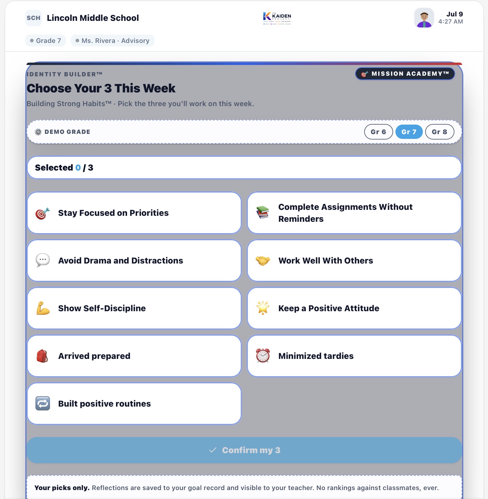 Middle school Identity Builder — Choose Your 3 This Week — Grade 7 Mission Academy