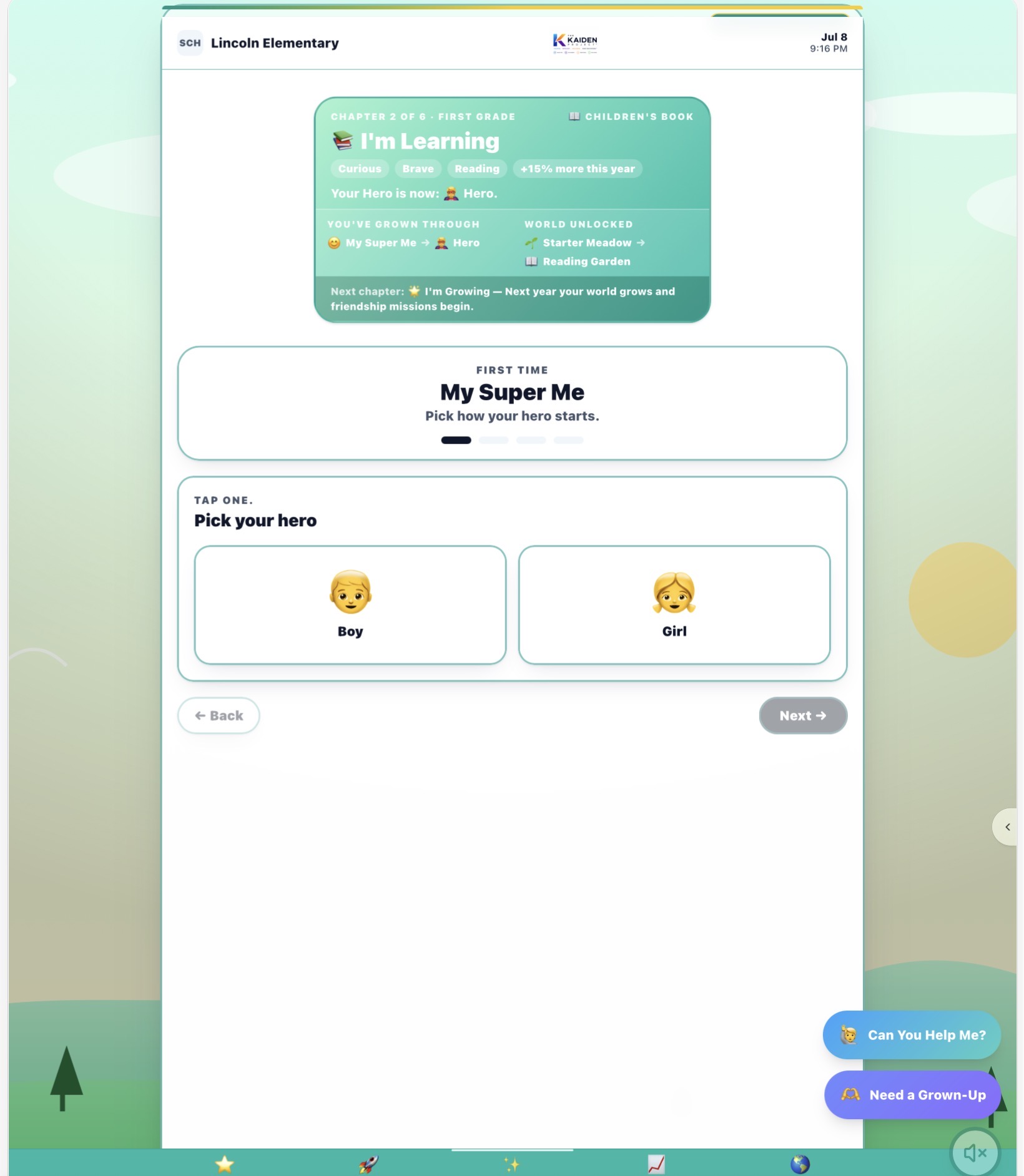 My Super Me hero selection — pick how your hero starts — First Time setup