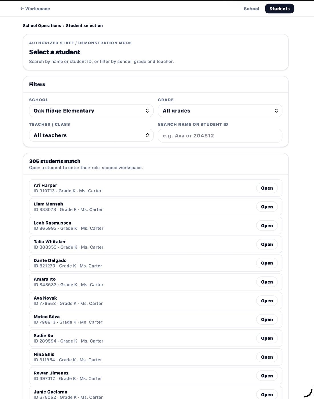 Authorized demonstration student selection with filters by school grade teacher and student ID showing 305 students matching Oak Ridge Elementary