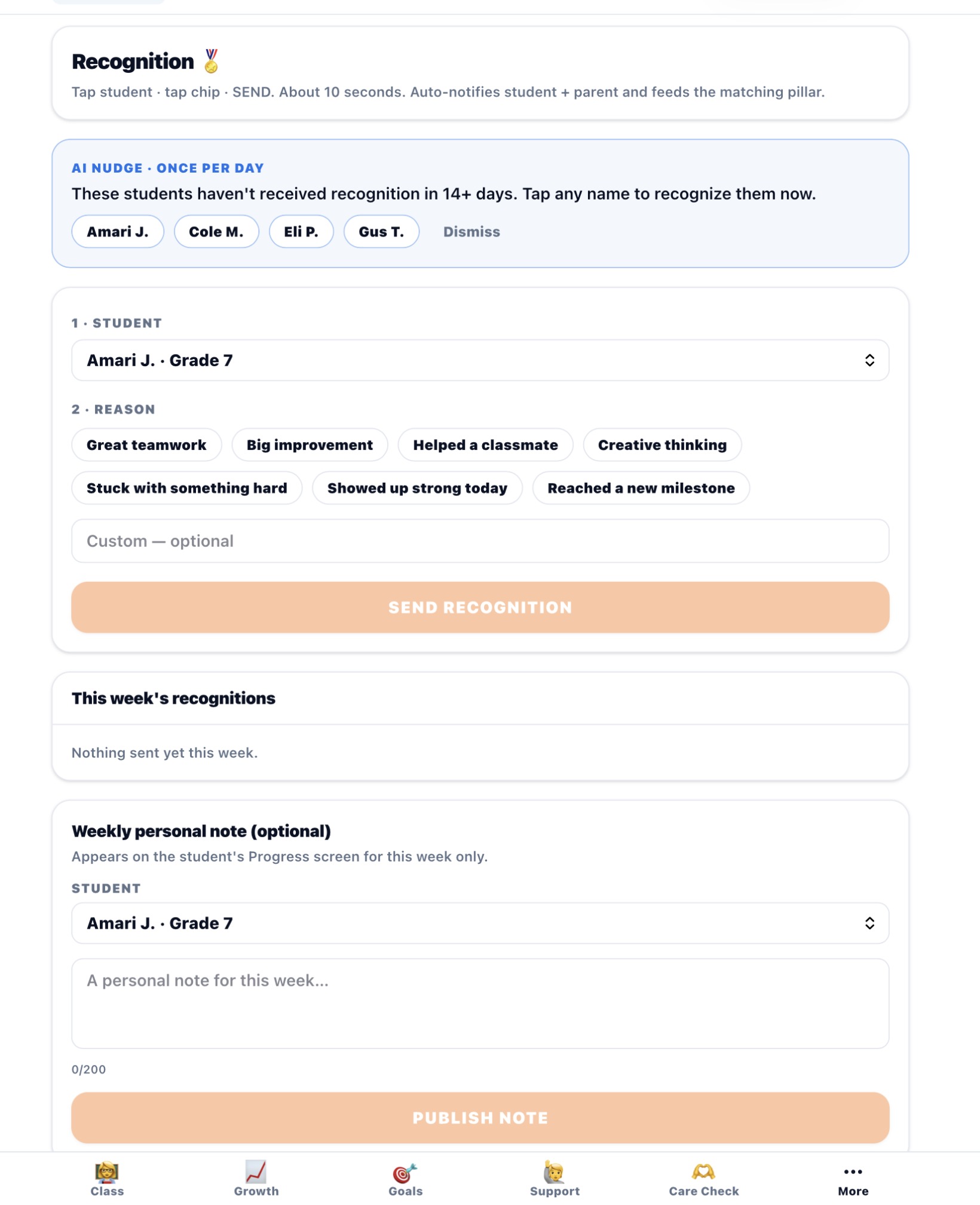 Teacher recognition interface showing AI Nudge listing students not recognized in 14 or more days: Amari J, Cole M, Eli P, Gus T. Recognition tap sends in about 10 seconds and auto-notifies student and parent.