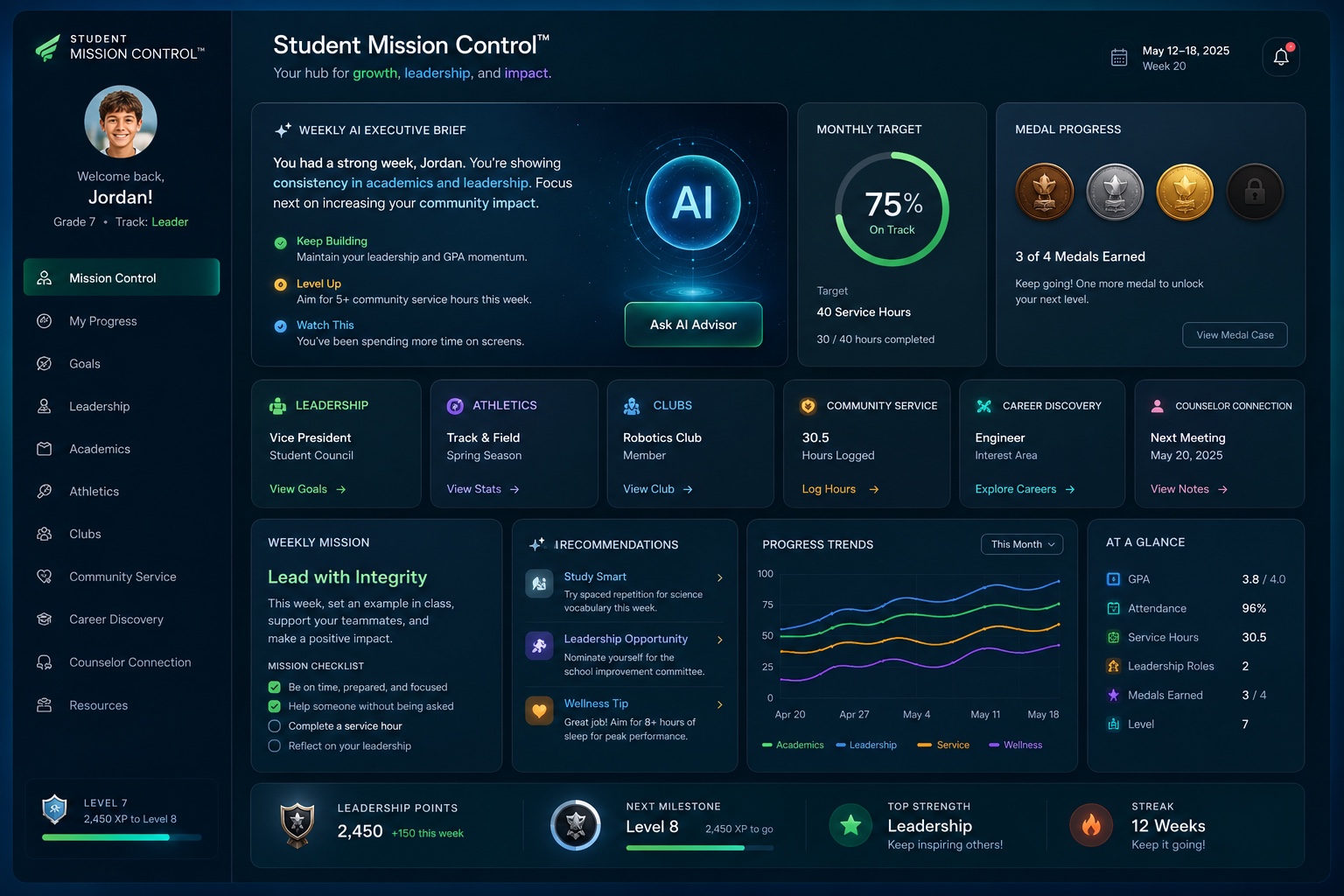 Student Mission Control — Grade 7 Jordan — Weekly mission Lead with Integrity — Growth Health 75% on track — Leadership Vice President Student Council — Career Discovery Engineer
